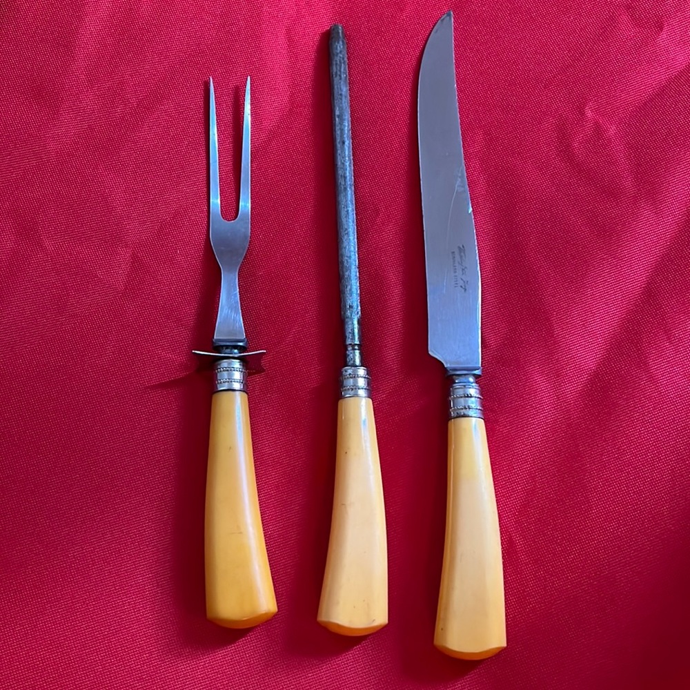 Vintage Three Piece Carving Set by Washington Forge Butterscotch Bakelite Handle